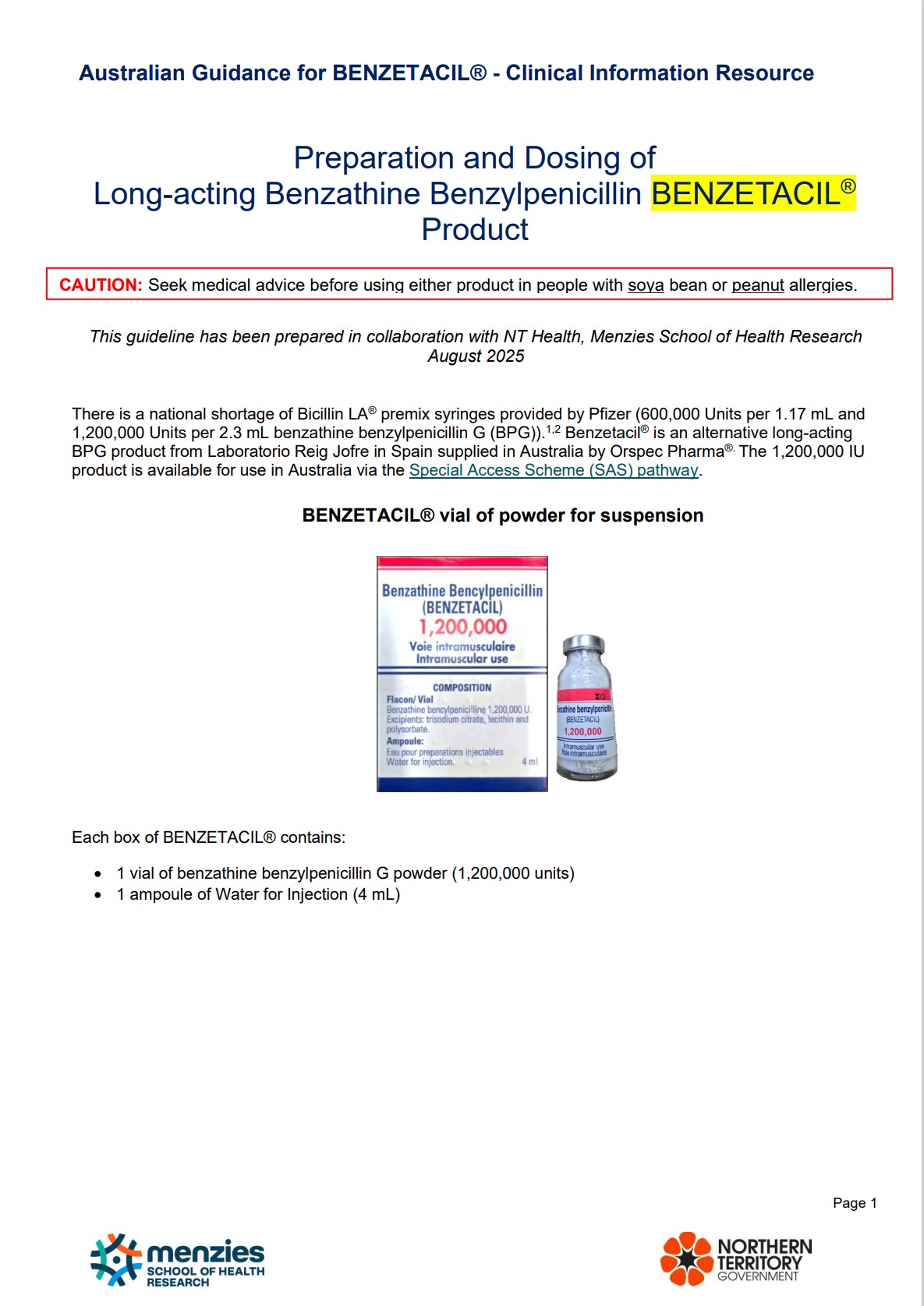 BENZETACIL (SAS) Product – Australian guidance for use